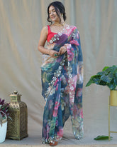 Exclusive Digital Print With Handwork On Cerulean Saree